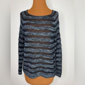 Eileen Fisher Organic Cotton Black Gray Sheer Striped Knit Sweater Medium